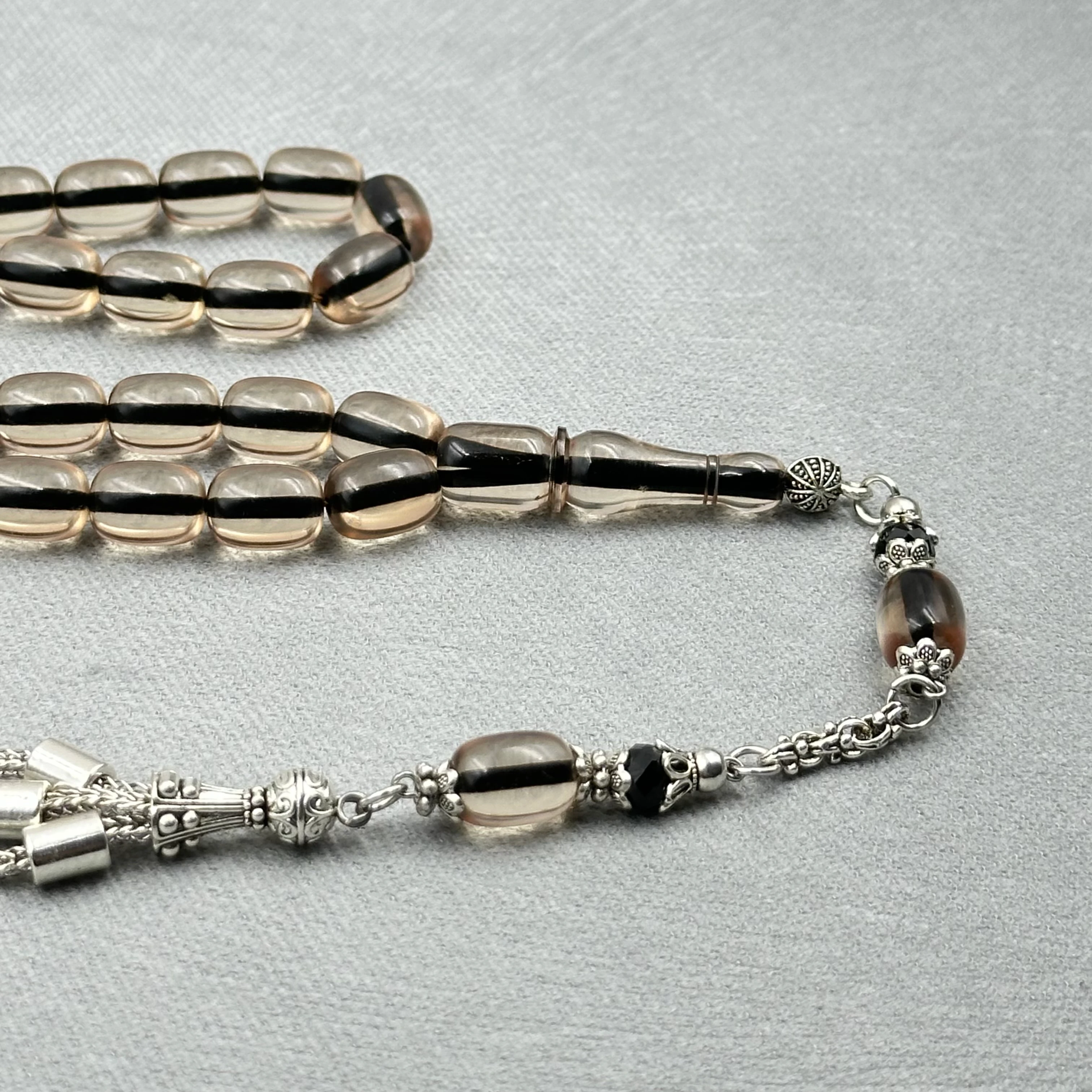 Alpaka Püsküllü Buğulu Hamur Şeffaf Ateş Kehribar Tespih